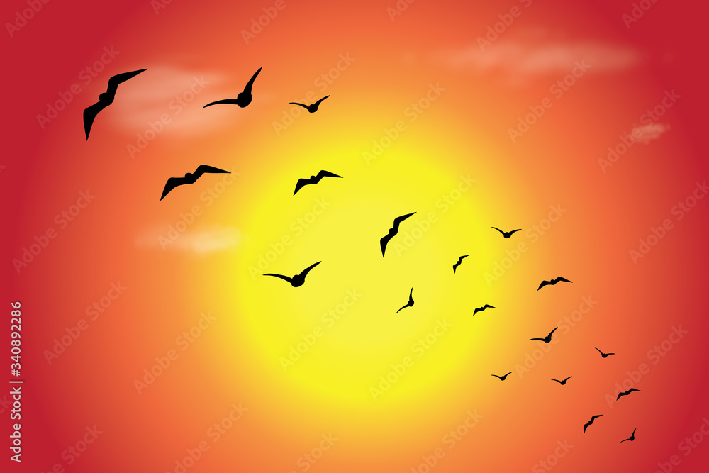 Vector silhouette of flying birds at sunset. Symbol of nature. Vector silhouette of flying birds at sunset. Symbol of nature.