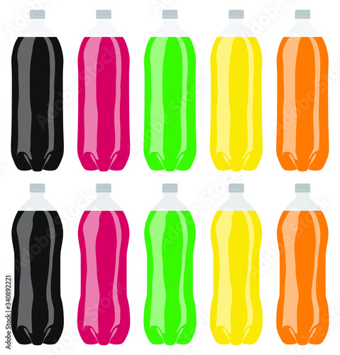 A collection of various flavors of soda in plastic two liter bottles on an isolated white studio background