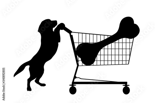 Vector silhouette of dog push shopping cart with big bone on white background. Symbol of shop accessories and pets shop.