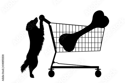 Vector silhouette of dog push shopping cart with big bone on white background. Symbol of shop accessories and pets shop.