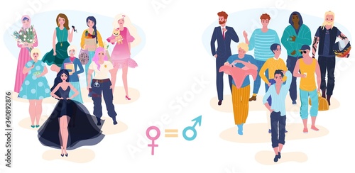 Gender equality, male and female equal rights, opportunity in proffession groups of men and women cartoon vector illustration. The equality of men and womens gender in family and work.