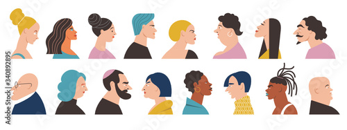 People portraits big set.  illustration of men and women, male and female faces. Avatars.   Faces in profile. Vector flat style cartoon illustration