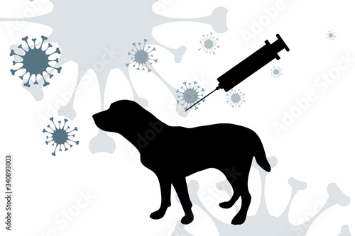 Vector silhouette of dog with vaccination symbol injection on white background. Sign animal testing character.