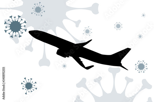 Vector silhouette of aircraft flying in spreading air by bacteria. Symbol of healthy and travel.