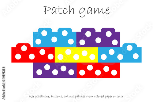 Education Patch game constructor for children. develop motor skills, use plasticine patches, buttons, colored paper or color the page, kids preschool activity, printable worksheet, vector illustration