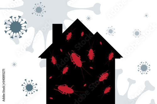 Vector silhouette of cockroach at home mark on background with spreading bacteria. Symbol of stop danger insect and infested house.