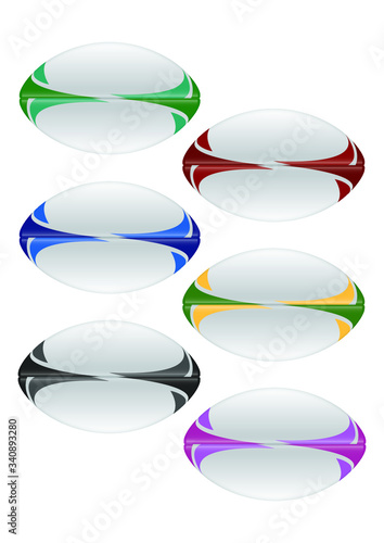 A vector illustration of collection of various white rugby balls with a range of colored design elements printed on them on a isolated white background 