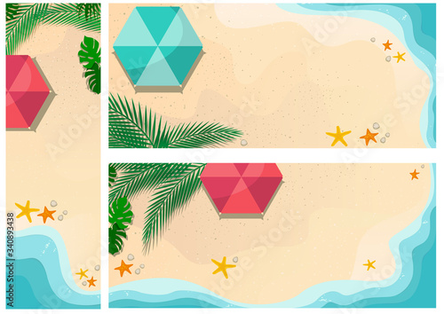 Set of Summer Time Backgrounds or Banners - Colored Illustrations with Sandy Beach and Seacoast and Sunshade with Palm Leafs and Starfish, Vector