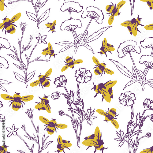 Vector botanical seamless pattern. Hand drawn illustration of flowers and bees great for fabric and wallpaper.