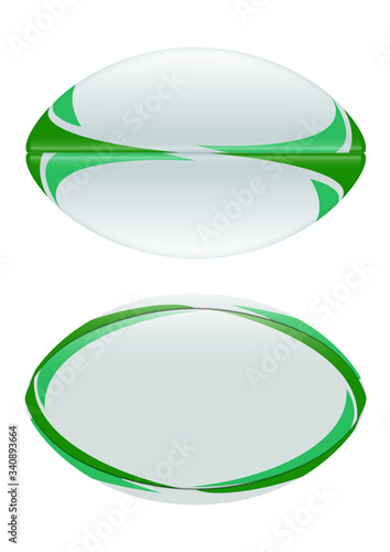 A vector illustration of a plain white rugby ball with green design elements in on a isolated white background