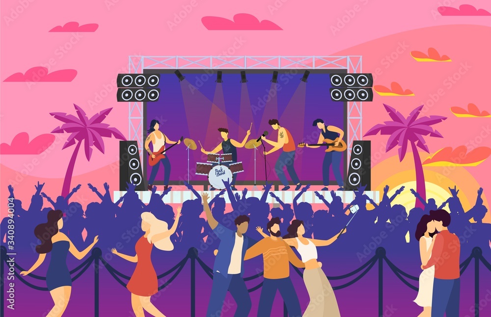 Φωτογραφία Music festival people dancing at concert entertainment and having fun performance, rock fest, crowd celebrating outdoor summer vector illustration