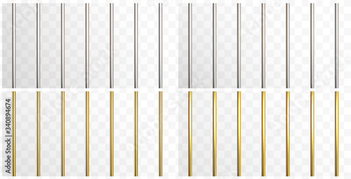 Prison metal bars set isolated on transparent background. Iron, steel and golden empty jail cage. Vector security pipe or stick border patterns.