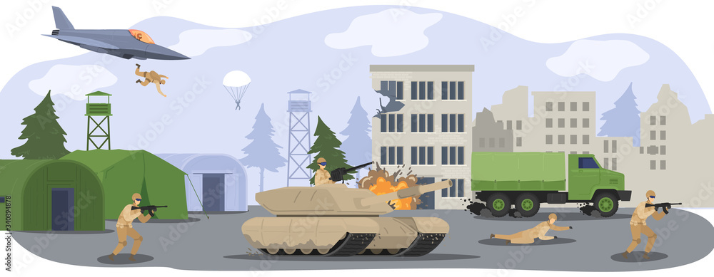 People in military camp base, soldiers in camouflage uniform at war with gun, militarian tank and airplane cartoon vector illustration. Military base and equipment, professional wartime.