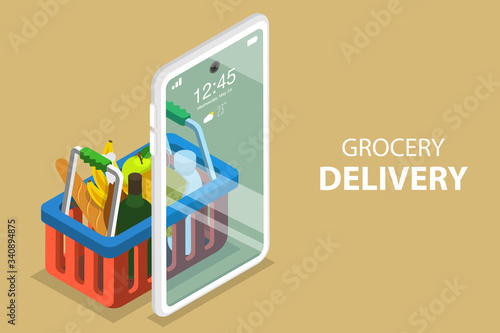3D Isometric Flat Vector Concept of Grocery Order Mobile App, Online Food Delivery Service.