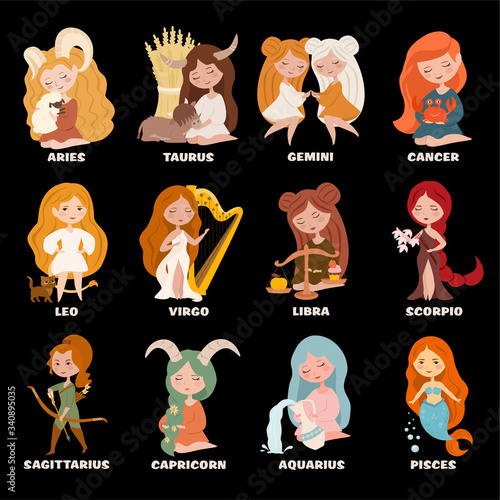 Zodiac signs. Horoscope symbols, astrology. Can be used for poster, postcard, birthday, invitation. Vector illustration