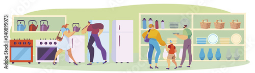 People in department store shopping for domestic equipment choosing electronic objects for home, men and women purchase at store, cosumers cartoon vector illustration. Storehouse shop market.