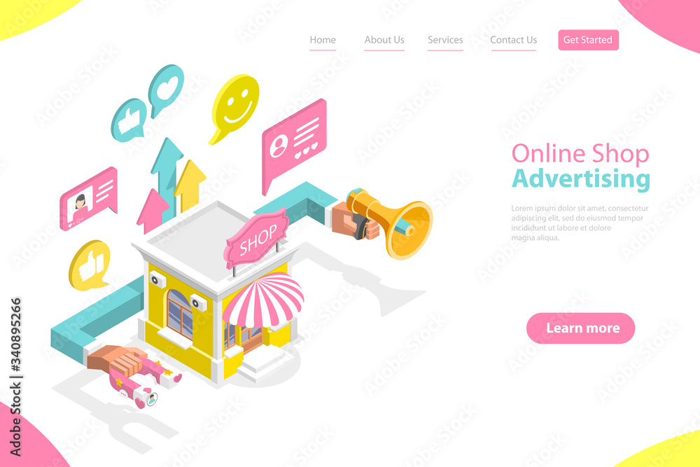 3D Isometric Flat Vector Landing Page of Store Advertiesment Campaign, Digital Marketing, Media Promotion, Online Advertising Agency, Social Media Marketing. 3D Isometric Flat Vector Landing Page of Store Advertiesment Campaign, Digital Marketing, Media Promotion, Online Advertising Agency, Social Media Marketing.