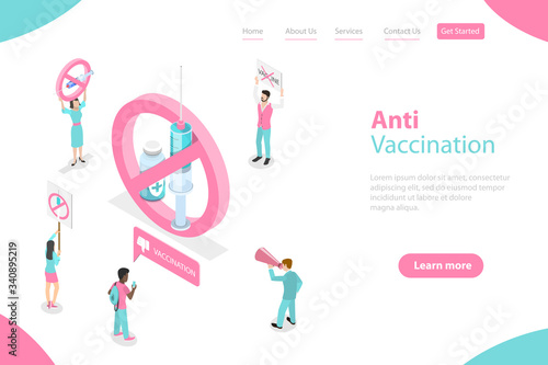 3D Isometric Flat Vector Landing Page Tamplate of Anti-vaccination, Preventive Medicine Rejecting, Anti-immunisation Campaign.
