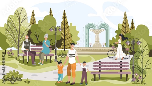People in park outdoor among trees, nature lifestyle, happy father with kids, girl with bycicle and eldery couple relaxing In urban flat vector illustration. City park leisure and sport activities.