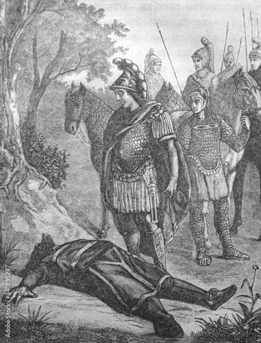 Alexander III of Macedon in front of the corpse of Darius in the old book The peoples of the east and west, by K. Abaza, 1891, St. Petersburg photo