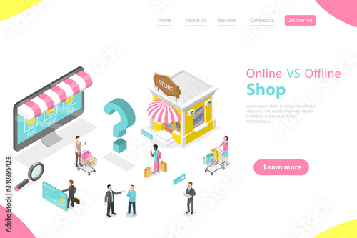 3D Isometric Flat Vector Landing Page Template of Comparison of Online and Offline Businesses, Inbound and Outbound Marketing, Promotion Campaign.