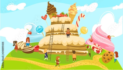 Little people in land of sweets fairytale world, boys and girls on ladders to huge cake with icecream cones, lollypop and cookies cartoon vector illustration. Children having fun in sweet land © Seahorsevector