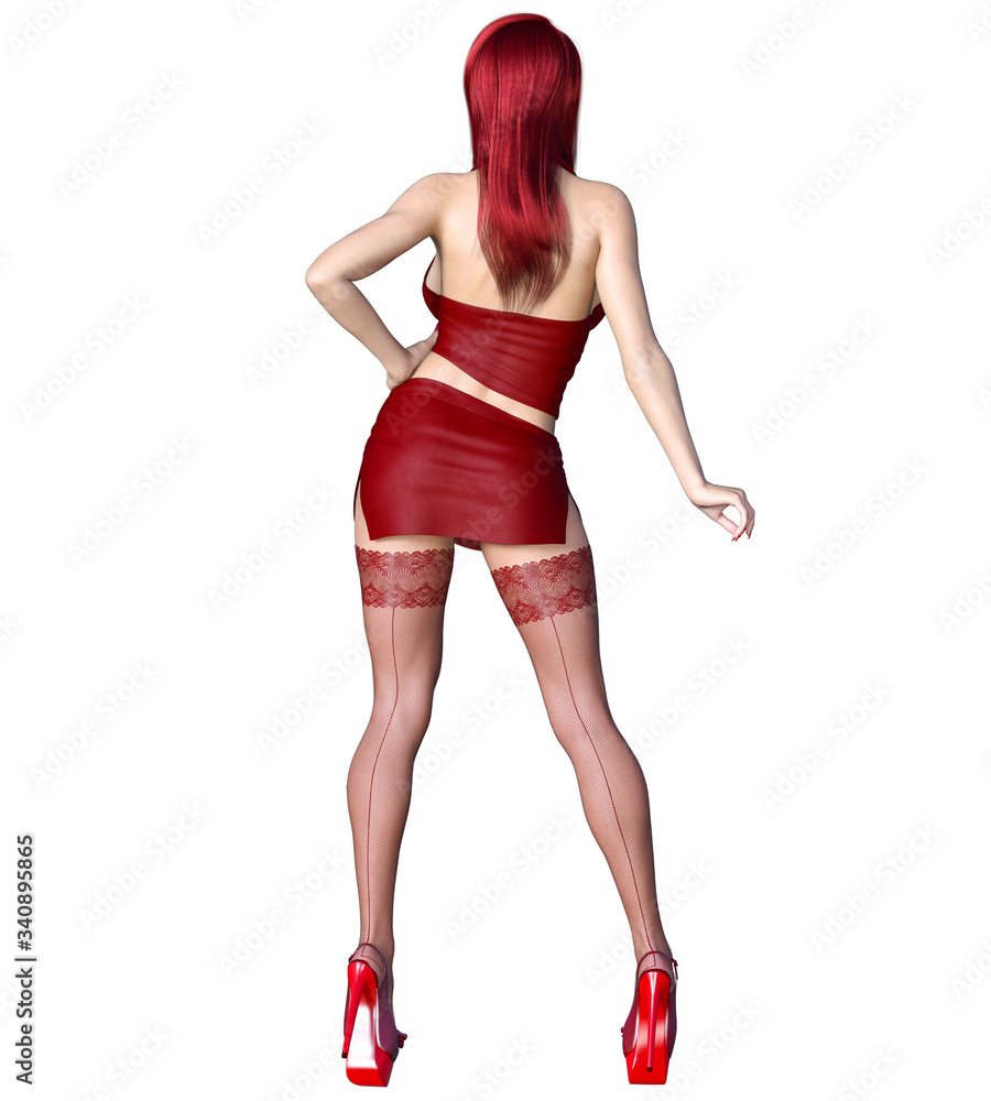 Long-haired brunette secretary in red stockings.