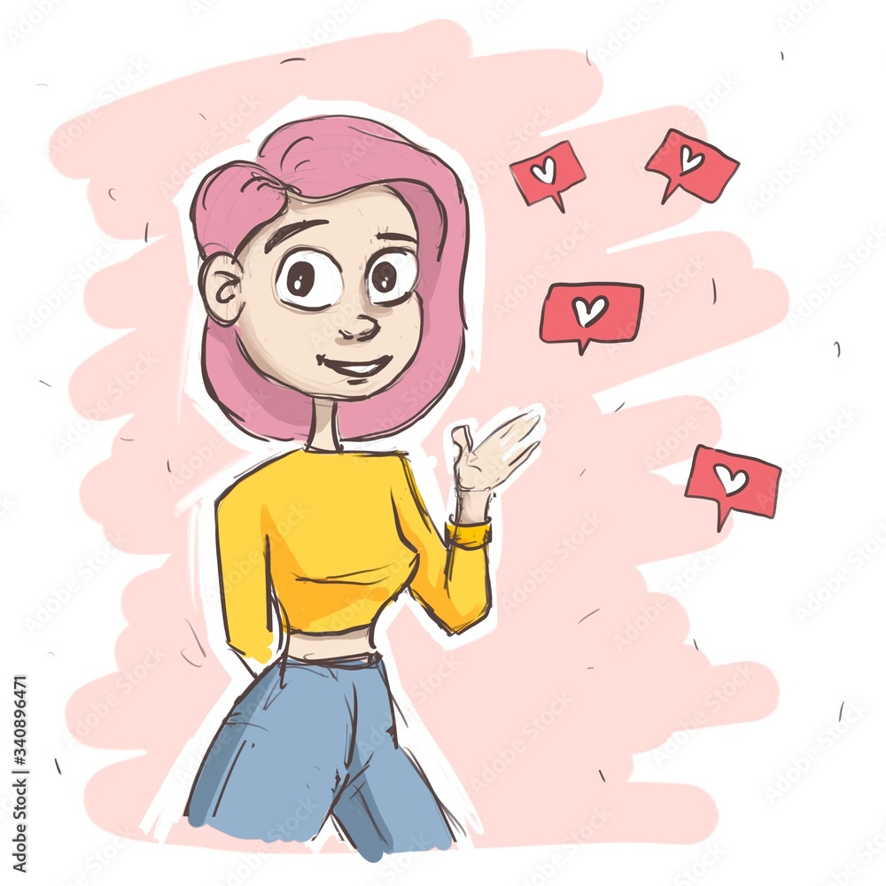 Cute character girl with pink hair smiles and waves on a pink background with hearts and likes. Business greeting. Direction. Cute character girl with pink hair smiles and waves on a pink background with hearts and likes. Business greeting. Direction.