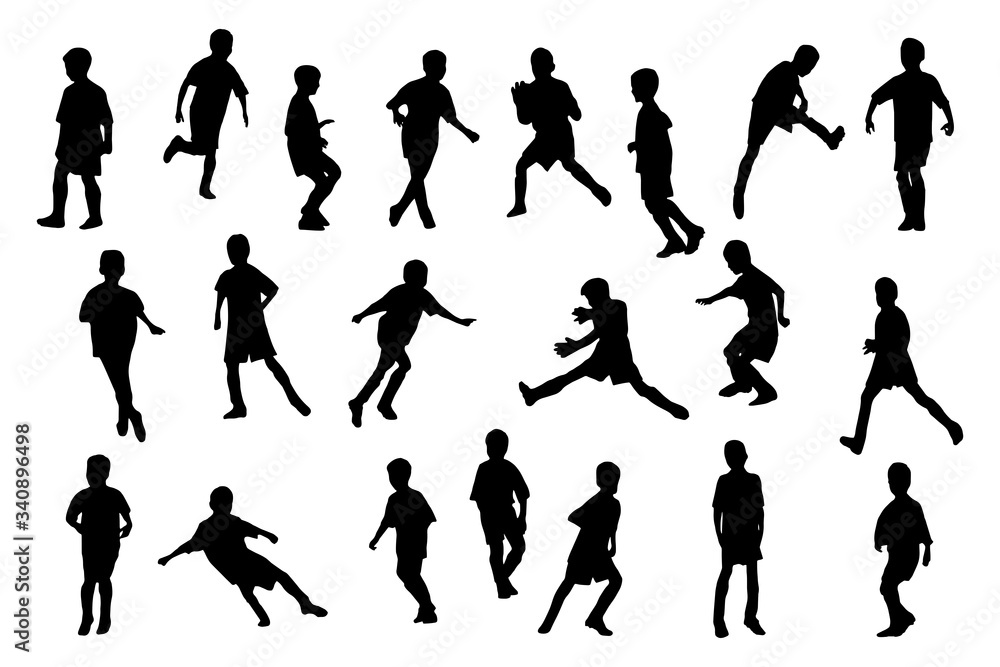 Boys football dynamics pose silhouettes. Sport clip art set on white background
