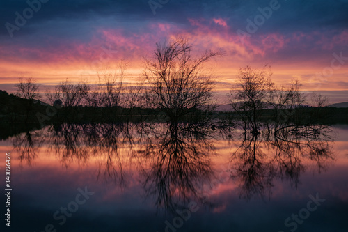 Dusk with spectacular cloudy sky, from a lake with the silhouette of some bushes in the foreground and their reflections. Symmetrical landscape.