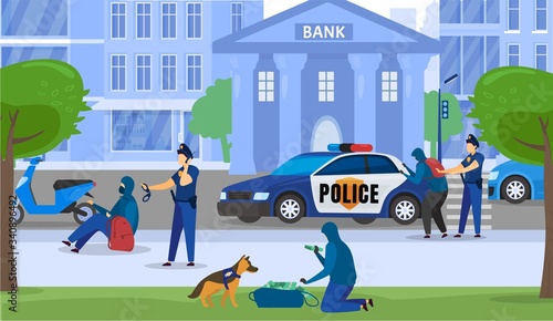 Police men security and bank crime stickup, policeman caught criminals near bank building cartoon vector illustration. Police officer arrested bank thief, money bag robbery, officers with car.