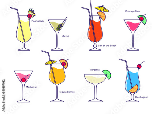 Alcoholic cocktail collection - blue lagoon, manhattan, martini, tequila sunrise, pina colada, margarita, sex on the beach, cosmopolitan isolated on white background. Vector illustration