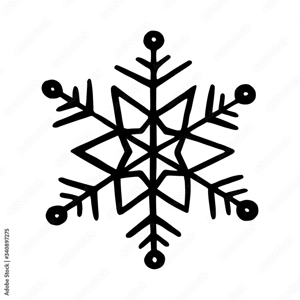 Snowflake in doodle style for winter design. Hand drawn snowflake isolated on whit background. Snowflake icon. Drawing snow. Symbol winter texture. Ice crystal ink freehand. Vector illustration Snowflake in doodle style for winter design. Hand drawn snowflake isolated on whit background. Snowflake icon. Drawing snow. Symbol winter texture. Ice crystal ink freehand. Vector illustration