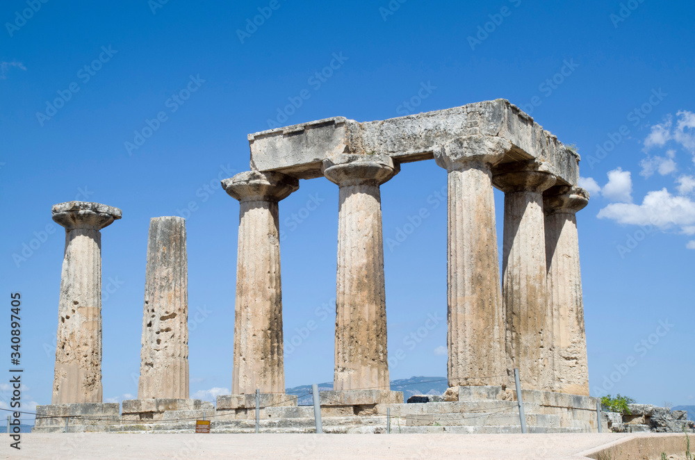 Apollo Temple ruins in Doric style with  7 columns in Ancient Corinth Greece, Europe