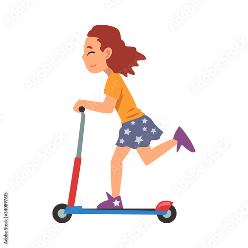 Girl Riding Kick Scooter, Eco Transport for Children, Summer Outdoor Activity Cartoon Vector Illustration