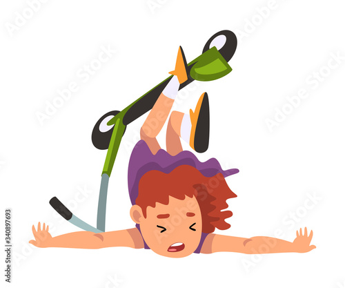 Girl Falling off Kick Scooter, Eco Transport for Children, Summer Outdoor Activity Cartoon Vector Illustration