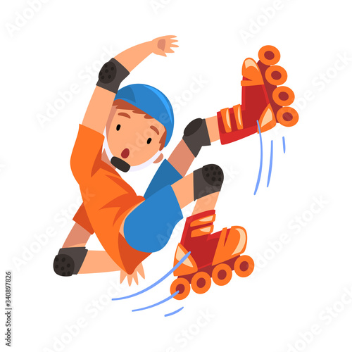 Rollerblading Boy, Teen Boy Falling on Roller Blades, Outdoor Activity Cartoon Vector Illustration