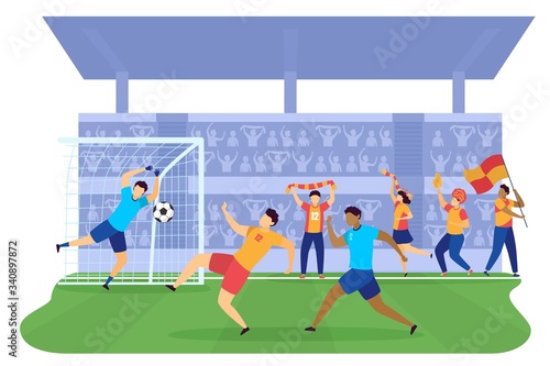 Soccers football players kicking ball into gates on green field tadium flat vector illustration. People professional soccers playing with ball in sport team competition. Football match game