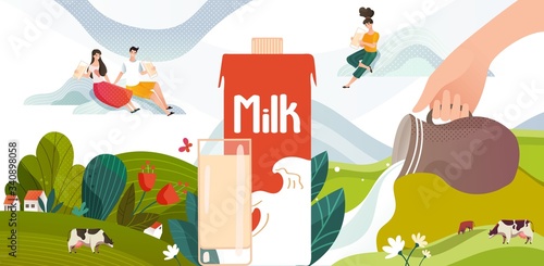 Milk shake smoothie summer drink on green meadow with cows, flowers and milk package, young people, milky drink cartoon vector illustration. Camomile field landscape for milkshake advertisement.