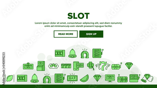 Slot Casino Machine Landing Web Page Header Banner Template Vector. Seven And Heart, Bar And Diamond, Bell And Lemon, Star And Watermelon Slot Of Gambling Tool Illustrations