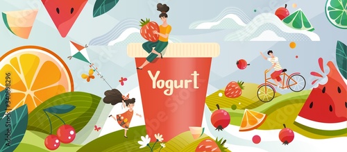 Yogurt with summer fruits memories drink on green meadow, flowers and fruits and berries, childrens milky yohurt drink vector illustration. Field landscape for milky yoghourt advertisement.