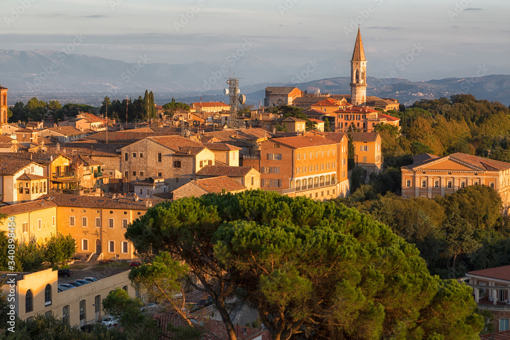 Beautiful view of the ancient city of Perugia in sunset. Umbria, Italy