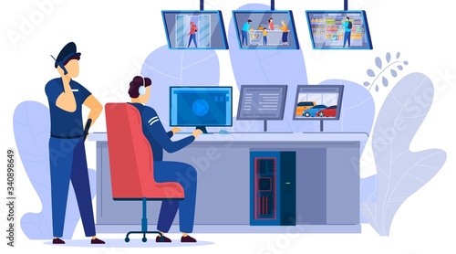 Security men looking at video monitors of surveillance cameras of supermarket center cartoon vector illustration. Security system technology monitoring supermarkets shop shelves.