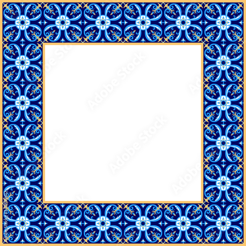Tile frame vector. Border ceramic pattern. Traditional decor ornament design. Mexican talavera, italian sicily majolica, portuguese azulejos, spanish mosaic motifs.