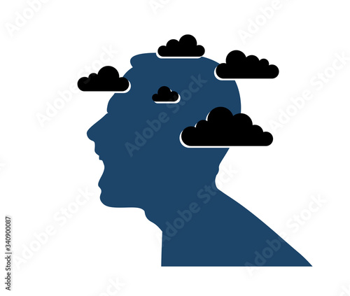 Anger, aggression and psychosis mental health and high anxiety vector conceptual illustration or logo visualized by man face profile shouting and screaming, dark clouds over his head.