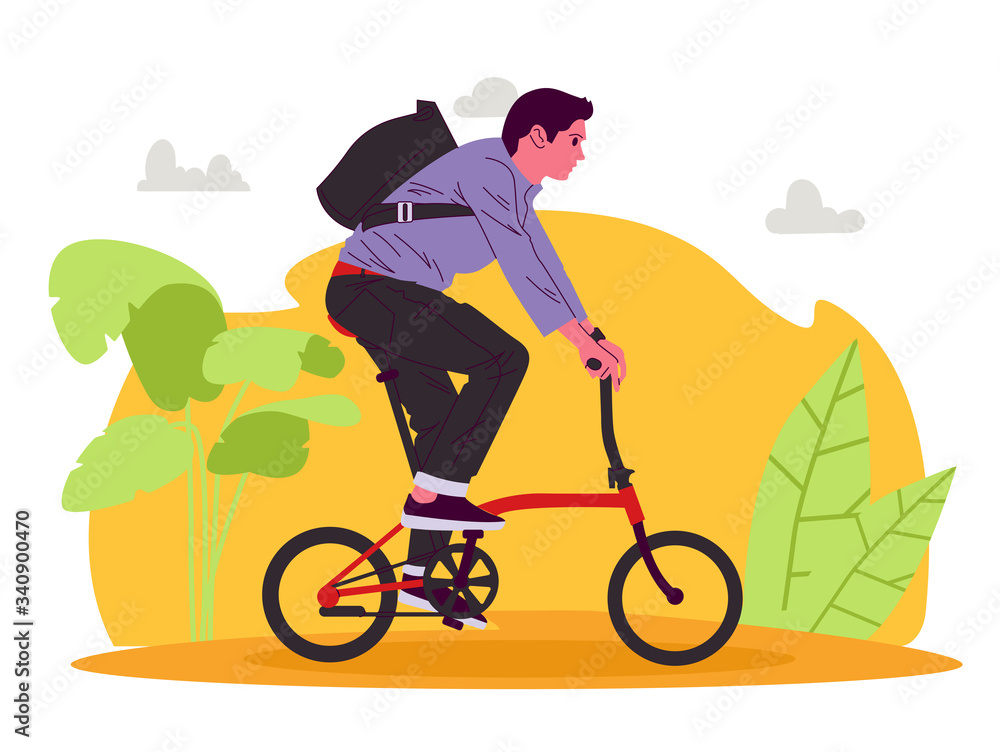 Man cycling with folded bike Vector illustration