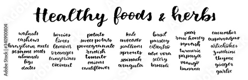 Healthy Foods and Herbs calligrafic set. Vector hand lettered healthy nutrition ingredient list. Healing diet plan example. Natural anti-inflammation foods lettering. Organic restaurant menu template photo