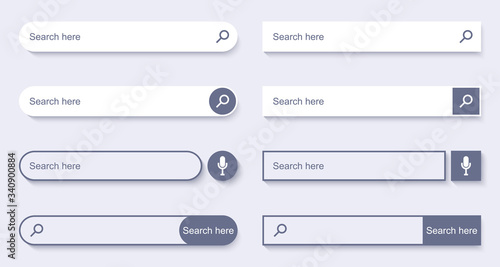 Search Bar for UI design. Set of elements for design interface of website. Search form with shadow. Navigation bar web icons. Vector illustration.