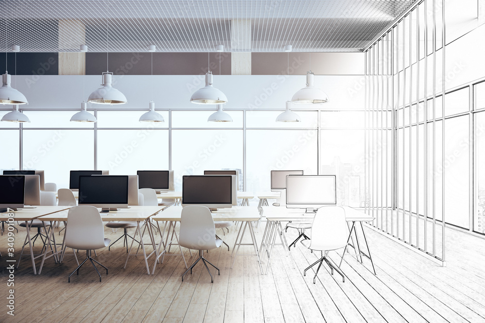 Drawing modern coworking office interior Drawing modern coworking office interior