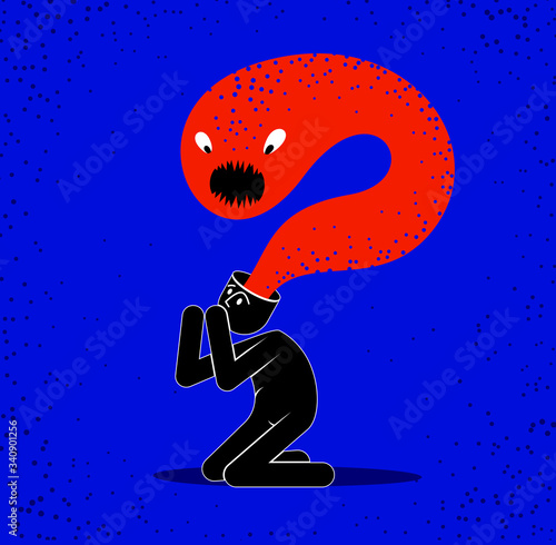 Psychical problems such as phobia psychosis schizophrenia hallucinations vector concept illustration in flat trendy style, psychiatry and psychology allegory, man with monster from his head.